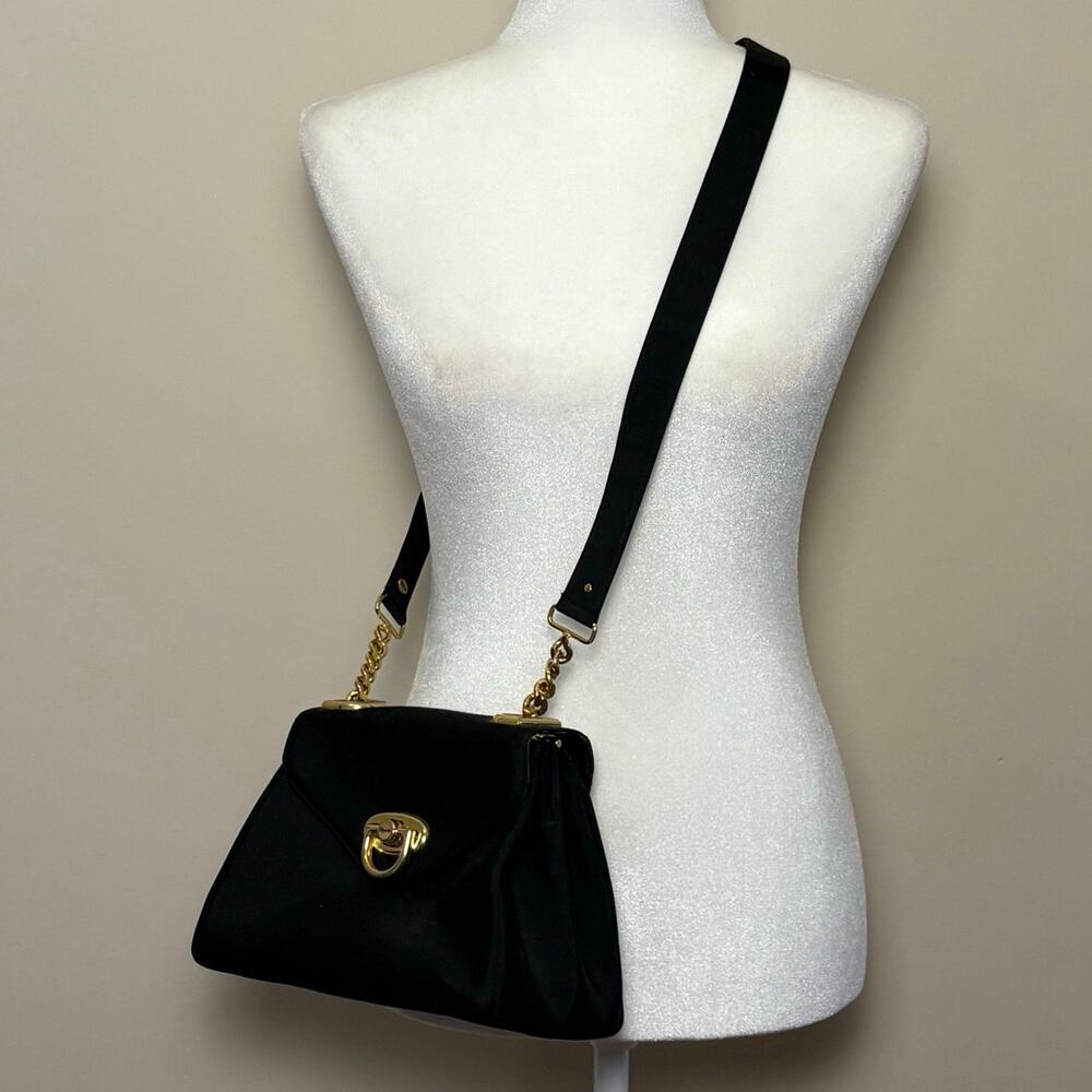 Reporter Vintage 80s 90s Crossbody Bag Black Faille Leather Trim Gold Hardware